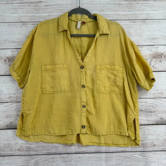 Pilcro Tops - Pilcro Anthropologie Linen V-Neck Button Down Shirt Womens Medium Yellow